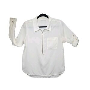 Calvin Klein Women's Medium White V-Neck Zip Front Career Blouse Long Sleeve EUC